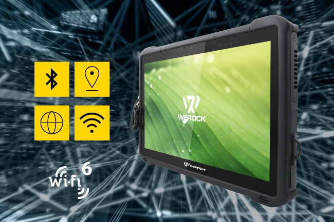 Rocktab U212 Rugged Tablet mit Konnektivitätssymbolen Bluetooth, GPS, LTE, Wi-Fi 6