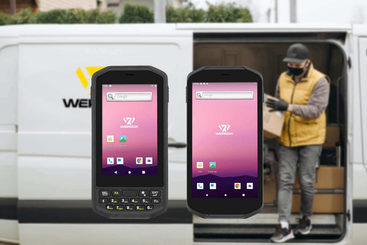 Collage of two Rugged Handheld PDA devices with a guy carrying a box out of a truck in the background