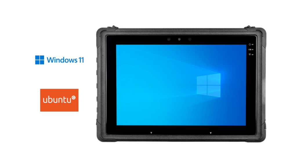 Rocktab U210 Rugged Tablet from front with Windows 11 and Ubuntu Logo next to it