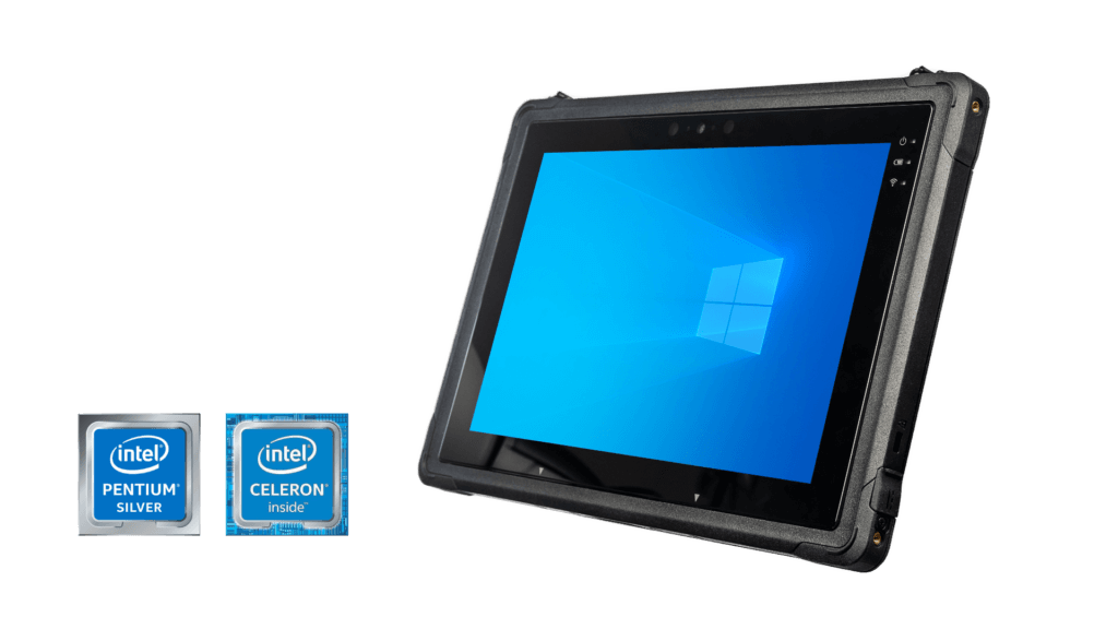 Rocktab U210 Rugged Tablet von vorne mit Intel Pentium und Intel Celeron Logo