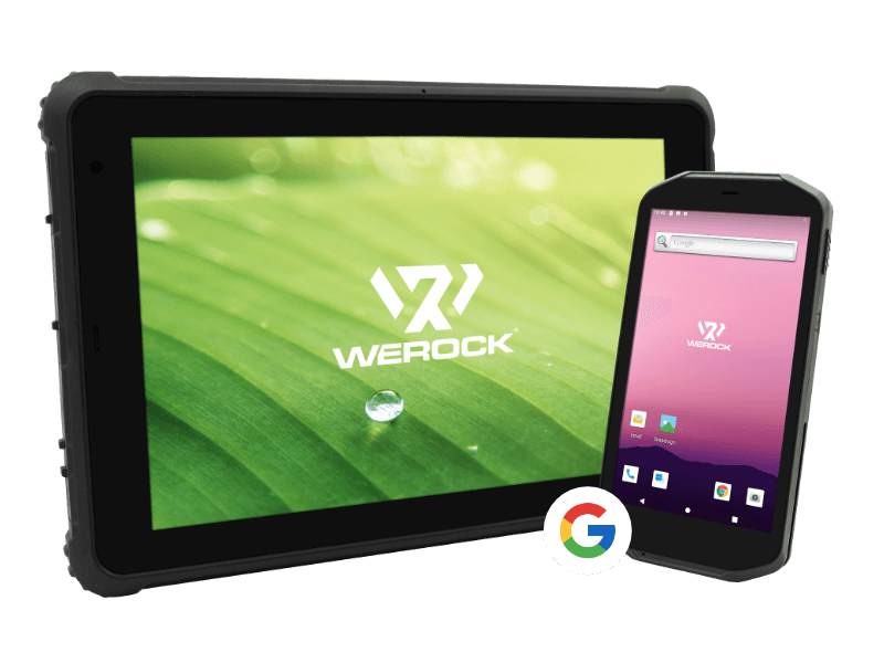 Robustes Tablet Rocktab S110 und robustes Handheld PDA Scoria A105 mit Google-Logo