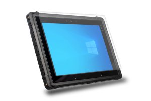 Rocktab U210 Rugged Tablet von vorne mit der Anschlussseite und stilisiertem Bildschirmschutz